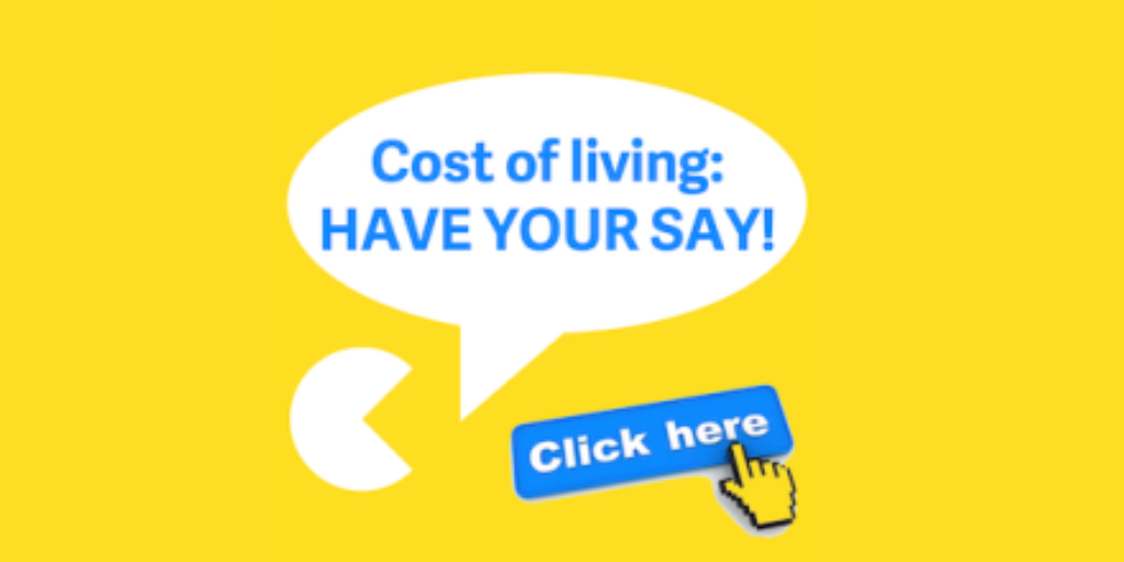 Yellow image with speech bubble saying 'Have your Say' Click to compete survey.