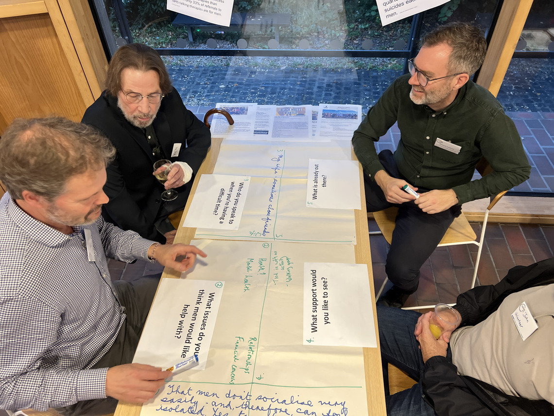 Group of men talking and making notes about men&#39;s mental health challenges and stereotypes